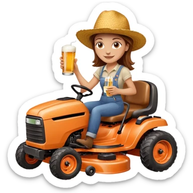 White woman with brown hair, without glasses wearing a straw hat, on old orange ride on lawn mower, holding a beer with one hand and holding the steering wheel with the other hand. Woman is smiling.  sticker