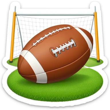 A rugby ball resting on a grassy field, with goalposts in the background. The scene captures the essence of the sport, with the field clearly marked and ready for a game, highlighting the intensity and teamwork of rugby. sticker