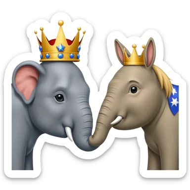 Democratic Party elephant facing Republican Party donkey with King Trump inbetween sticker