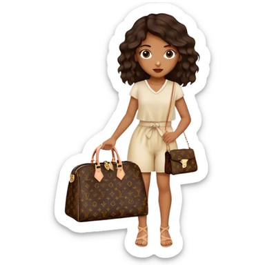  Brown girl with dark brown medium beach wavy hair carrying one Louis Vuitton purse on her arm while standing  sticker