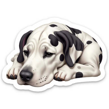 Meme-Worthy Cute Sleeping Harlequin Great Dane Portrait Emoji, Head resting peacefully with a contented smile, showcasing a delightfully majestic build and a luxuriously soft coat of predominantly white with bold black patches, eyes shut in a serene nap, Simplified yet hilariously adorable features, highly detailed, glowing with a soft, drowsy light, high shine, relaxed and utterly lovable, stylized with an air of playful laziness, bright and heartwarming, soft glowing outline, capturing the essence of a comically sleepy guardian, so meme-worthy it feels like it could instantly become the next viral sensation of adorable slumber! sticker