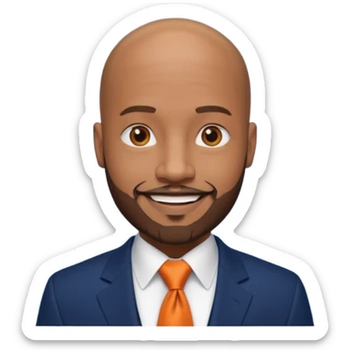 headshot of a sophisticated, stylish, bald head, smiling Caribbean black man with a beard and goatee in a navy blue suit, orange tie sticker
