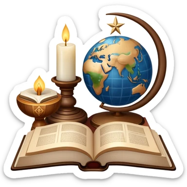 An icon featuring a holy book, a candle, and a cross, symbolizing religious studies. The design includes a globe with various religious symbols: a crescent moon and star (Islam), a lotus flower (Buddhism), representing global belief systems. Transparent background. sticker