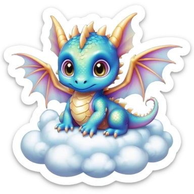 Airbrush painted image of an adorable little baby dragon with large glistening eyes sitting on a cloud under a deep galactic sky with pearlescent scales and wings spread against the stars sticker
