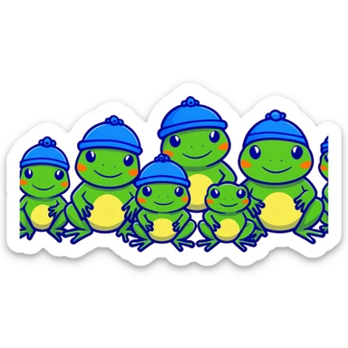 a family of frogs wearing blue hats, parent frogs and baby frogs all together sticker