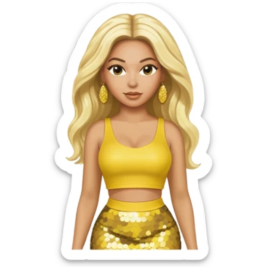 Beyonce with long platinum blonde hair, yellow sequin crop top yellow sequin skirt, gold earring sticker
