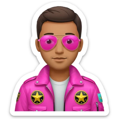 1980s cool man with stubble wearing reflective neon pink aviator sunglasses and a pilot topgun jacket sticker