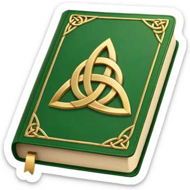 a green closed book with a golden triquetra sticker