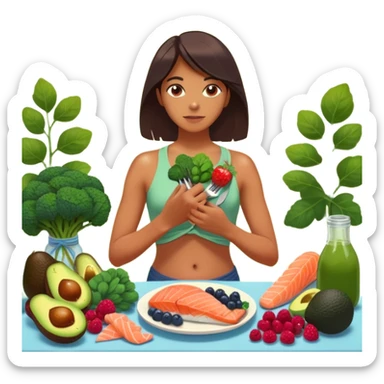 A glowing, energized person stands barefoot in morning sunlight, surrounded by vibrant greens and whole foods—berries, salmon, avocado, broccoli. One hand rests on their heart, the other holding a fork like a tool. Behind them, toxic foods fade into shadow. Their body radiates light from within sticker