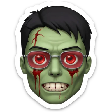 homem zumbi de óculos cabelo preto com muita olheira deixar pele dele verde dentes brancos e olhos vermelhos e ensanguentados deixar óculos quadrado e preto e olhos cheio de veias vermelhas e encher o rosto de piercings colocar piercing em todo rosto piercing prata sticker