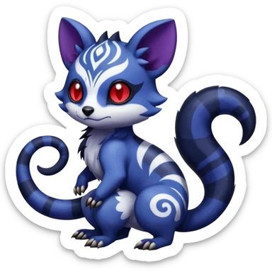 Rare warm-colored exotic gloomy tropical edgy cute epic aesthetic spooky indigo purple white black red gothic colorful Salandit-Furret-Espurr-Meowstic-Civet-species-Fakemon-hybrid-creature, with tribal tattoo markings, full body sticker