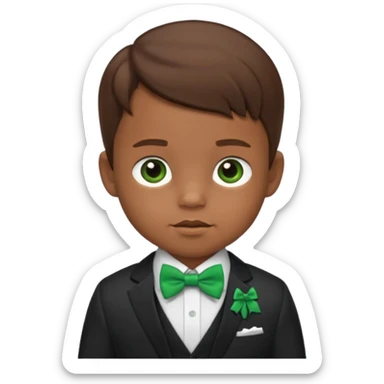 baby boy brown hair in suit, with green bow sticker