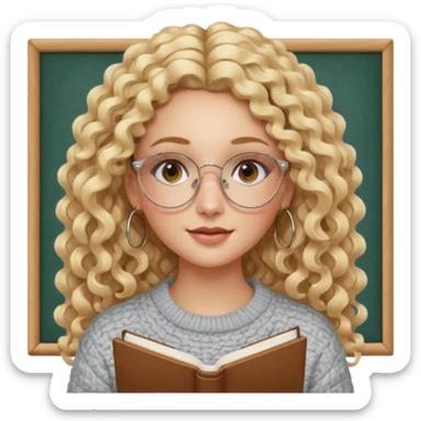 cute white woman with VERY LONG blonde curly hair, brown eyes, full lips, natural clean girl makeup and hoop earrings and square glasses, studying sticker