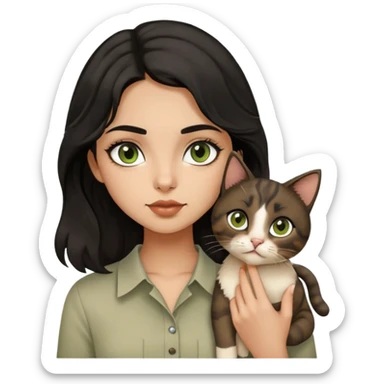 Girl with a medium length black wavy hair, brown big eyes, small lips, pointed nose, straight eyebrows, with olive skin (tanned and brownzy), wairing a beige shirt and holding a white cat with little brown prints and have a green eyes  sticker