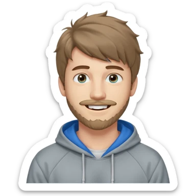 20 year old man, short scruffy beard and thin moustache, brown puffy mullet, blue eyes, big smile, white teeth, big lips, pronounced jaw, hair longer in back, sticking up on top, thin face, grey hooded sweatshirt, pale skin, big smile, blue eyes, puffy hair that is long in back sticker