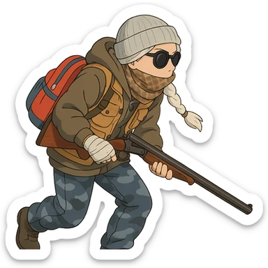1 female, long white braid, knit cap, dark sunglasses, shemegh neckwrap, fishing vest, vibrant shool backpack, drab hoodie, handwraps, blue camo pants, Blaser Bbf-95, hunched over, on the move sticker