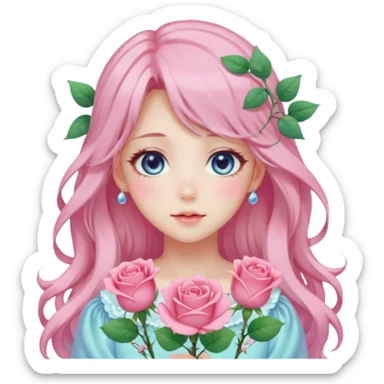 Gorgeous pastel anime style lady with blushing face and roses cottagecore fairycore pastelcore shiny colorful pearly aesthetic trending style sticker