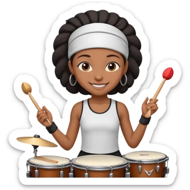 A black girl drummer with a sporty headband and clothes, tapping her drum rhythmically with a grin. sticker