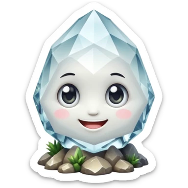 A single cute crystal rock character inspired by a clear quartz cluster, chunky round base with many tall transparent crystal spikes growing upward all around it, faceted and slightly imperfect, on the front of the base a big kawaii face with large glossy eyes and a wide happy smile sticker