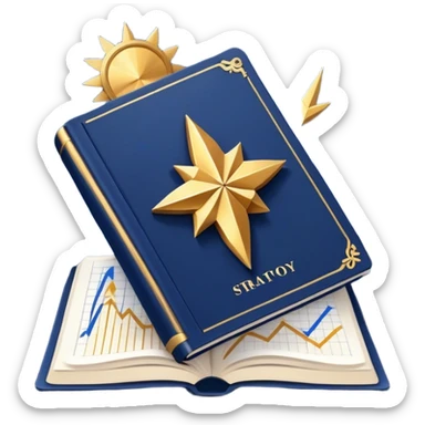 A navy blue productivity book with gold details, chart with upward trend aura, radiating productivity, strategy, and success in motion- sticker