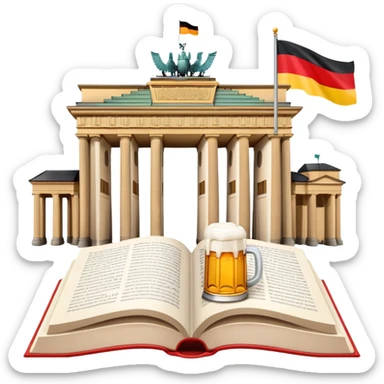 An icon featuring the Brandenburg Gate and the big flag of Germany, symbolizing the German language. The design includes an open book with German text and a stein of beer, representing language learning and German culture. Transparent background sticker