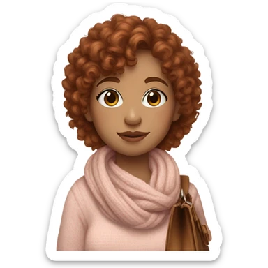 auburn haired girl with curly hair and bangs make her have light makeup and a small amount of freckles on both sides she is wearing a baby neutral pink jumper with a white scarf and a brown bag on her shoulder  sticker