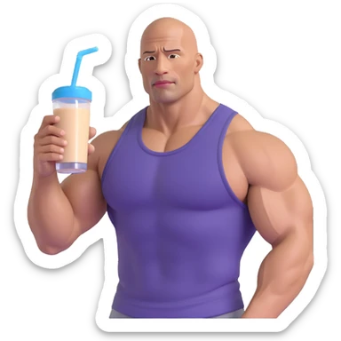 emoji of muscular bald man resembling Dwayne Johnson drinking a protein shake, wearing a tank top sticker