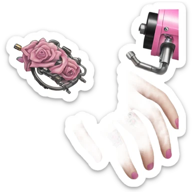 White-girl-hand with pink-tattoos holding a tattoo-coil-machine sticker