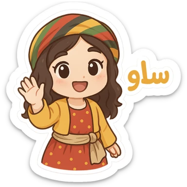 lively and cute chibi sticker of a Kurdish person in traditional dress, Kurdish greeting 'سڵاو' in a bright, cheerful font, optimized for WhatsApp and Instagram sticker
