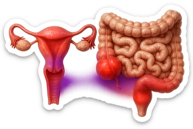 utero umano anatomico iperrealistico e intestino umano anatomico iperrealistico hanno in comune il dolore e l'infiammazione, rendi bene il collegamento tra i due organi doloranti, falla iperrealistica, non disegnata, fai colori che si adattano a questo viola #971ef1 sticker