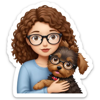 Girl with brown curly hair and glasses hugging a yorkshire terrier dog sticker