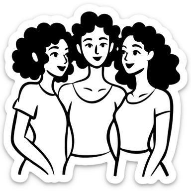 Three women with curly hair standing together, two with shoulder-length black curly hair and one with short black curly hair sticker