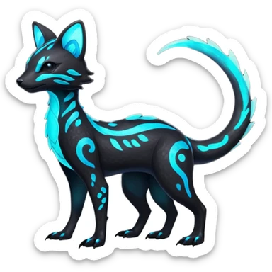 Rare realistic black dark-neon glowing bioluminescent edgy badass epic pretty beautiful handsome gorgeous aesthetic colorful vibrant Vernid-Trico-species-Fakemon-creature by LiLaiRa, 4 legs, 1 tail, random markings, (full body) sticker