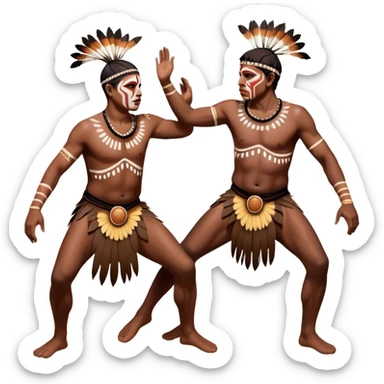 Cinematic Realistic scene of two indigenous male aboriginals performing an Aboriginal Corroboree, adorned in traditional body paint, A corroboree is an Australian Aboriginal ceremonial meeting. It usually includes celebration of Aboriginal mythology and spirituality, which is based in the Dreaming sticker