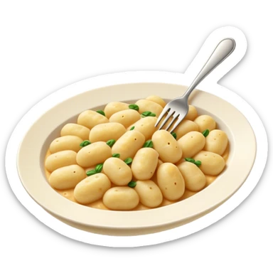 Gnocchi Cinematic Realistic Gnocchi Dish Emoji, depicted as tender oblong potato gnocchi garnished with iconic fork marks on top, rendered with soft textures and warm, inviting lighting. sticker