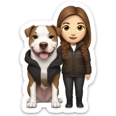 white woman with long brown hair in a furry jacket standing alongside a white pitbull with one brown patch around his eye sticker