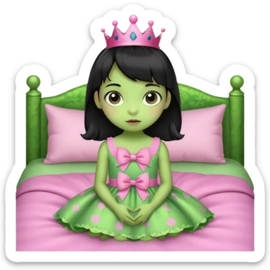 princess frog on bed pink bow with a pink dress cute girly pop black hair short baby bangs sticker