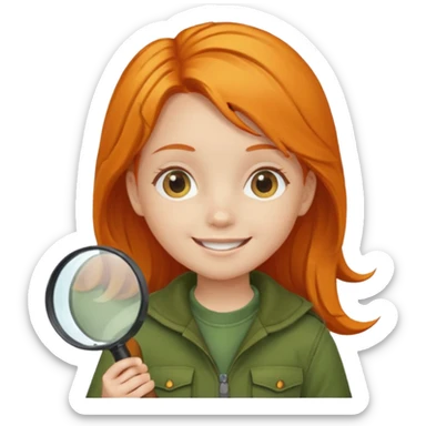 braid orange haired girl kid in moss green explorer outfit, holding magnifying glass, smile sticker
