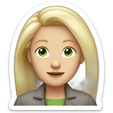 28 old women, white skin, long straight blond hair, green eyes, red shirt in a gray jacket sticker