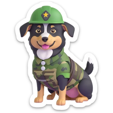 black-tri Mini American Shepherd in a camo green soldier uniform and green helmet sticker
