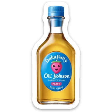 bottle of oil blue top pink outside with logo that says Diddy Party oil Johnson and Johnson  brand with a smiling berry on top sticker