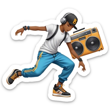 Icon for Street Dance: a dancer in urban streetwear performing a dynamic lower breakdance move, with a spray-painted background and a boombox on the asphalt. The icon should capture the energy, style, and creativity of street dance culture. Transparent background. sticker