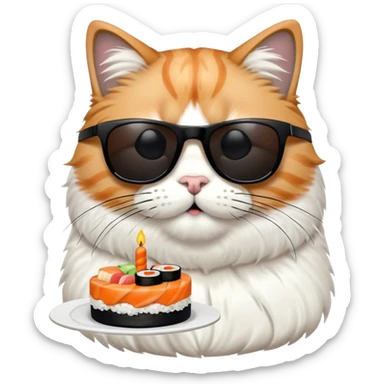 cool cat wearing sunglasses eating a birthday cake made out of sushi sticker
