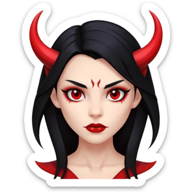 Head only demon girl, strong pronounced cheekbones, sharp angular jawline, skin fully pure red everywhere, long straight sleek black hair, small ho sticker