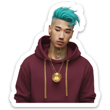 Vintage grunge patina intricate swirls gold jewellery baroque golden sparkle tropical Deep pink maroon burgundy cyan dark hoodie man dyed hair gold piercings nose piercing ear piercings sticker