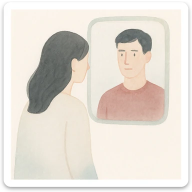 A woman peering into a mirror, with a man appearing on the opposite side, rendered in a creative watercolor illustration style, soft brush strokes, artistic sticker