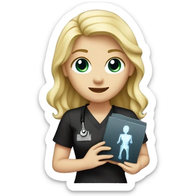 Blonde girl in black scrubs holding up a chest X-ray  sticker