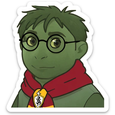 Harry Potter memoji with Gryffindor scarf, round glasses, lightning scar, digital cartoon style sticker