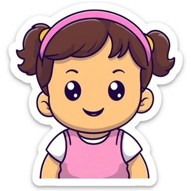smiling toddler face with big eyes, medium skin tone, dark wavy hair, and a hair band sticker