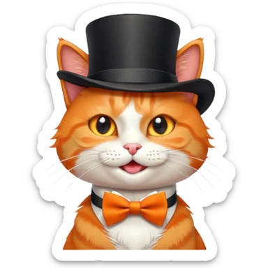 playful orange cat in a top hat and bow tie, winking sticker